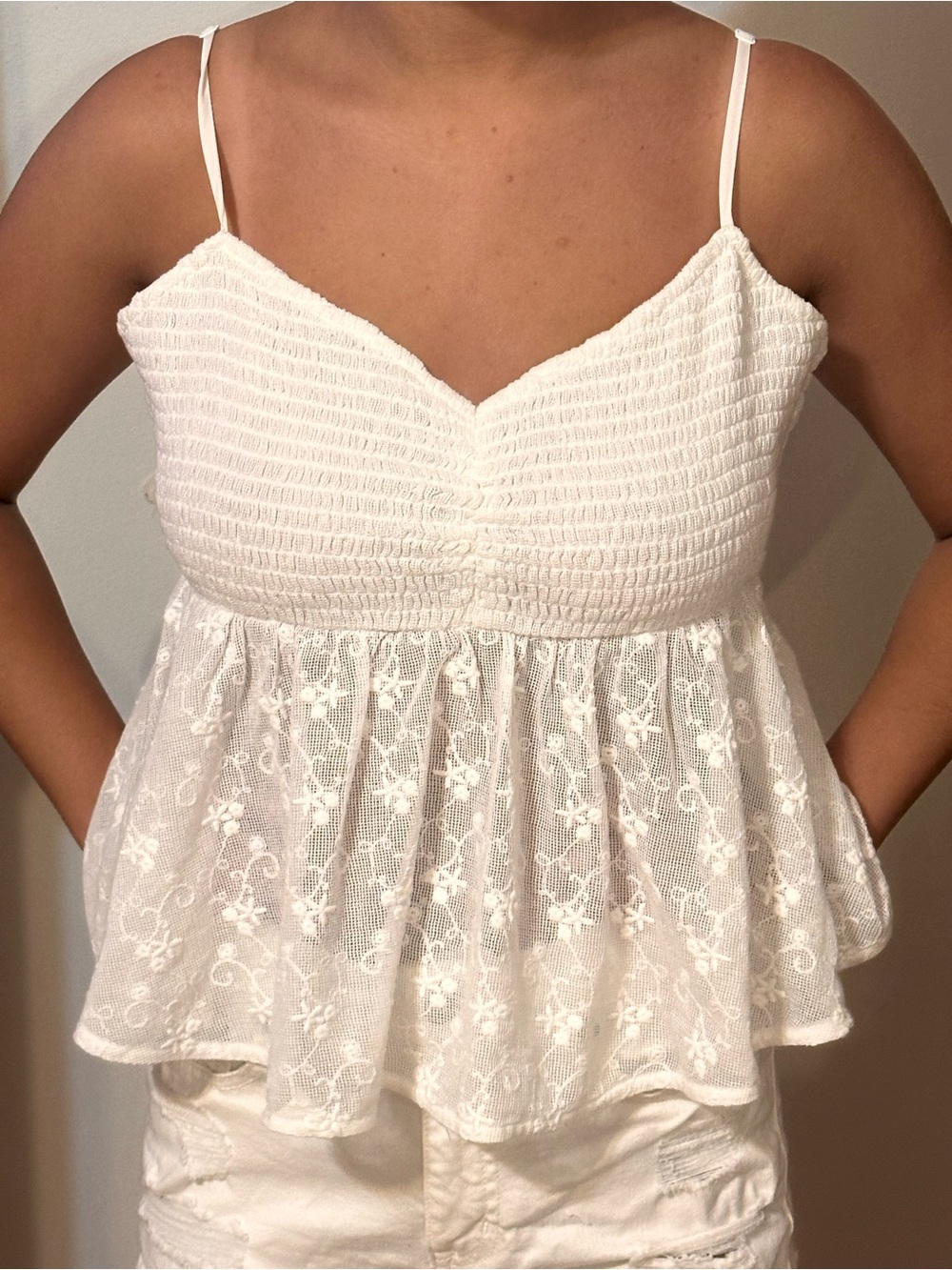 American Eagle Outfitters White Lace Smocked Peplum Cami